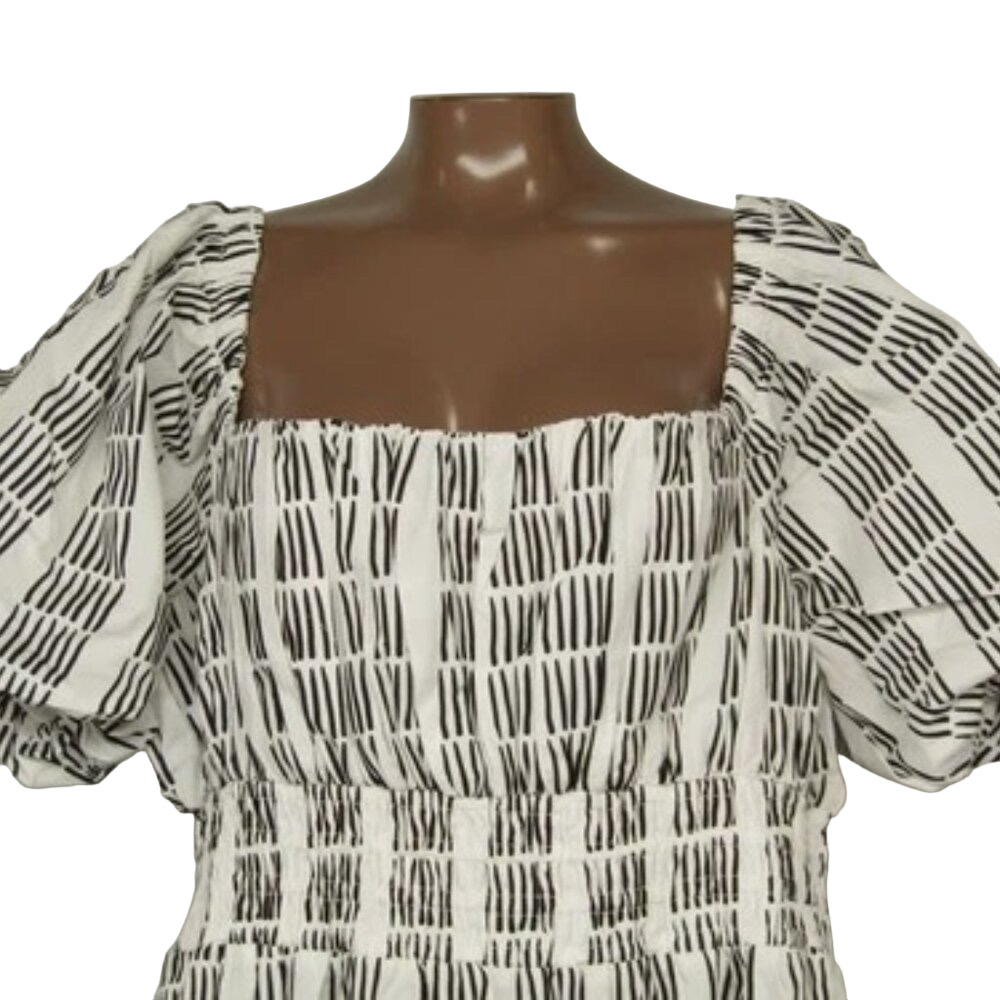 NEW MAEVE Womens Midi Dress White/Black Puff Sleeve Square Neck Smocked